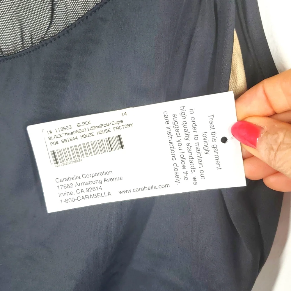 Vintage Carabella Black Mesh One-Piece Swimsuit Size 14 Sheer Panel Bathing Suit - Picture 6 of 12